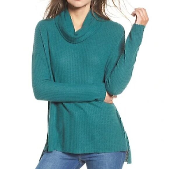 BP NORDSTROM Plus Size Waffle Knit Cowl Neck Top Dark Green Long Sleeve Tunic 4X - Picture 1 of 13